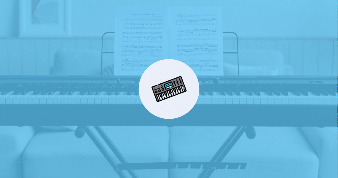 A keyboard with music notes on it in a piano nook for better practice at home.